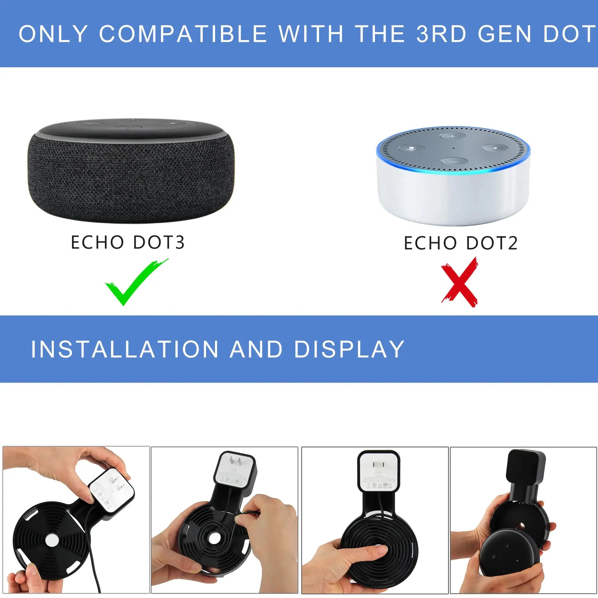 Simples Market Echo Dot 3 Wall Mount Holder; black Echo Dot 3 shown with green check beside Echo Dot 2 (2 devices)