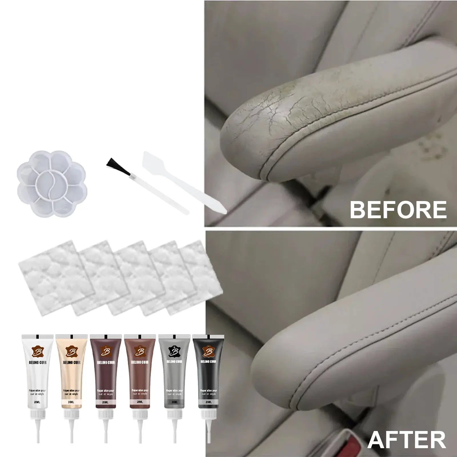Car leather repair paste kit by Simples Market (20ml) with applicator and color swatches for beige seats