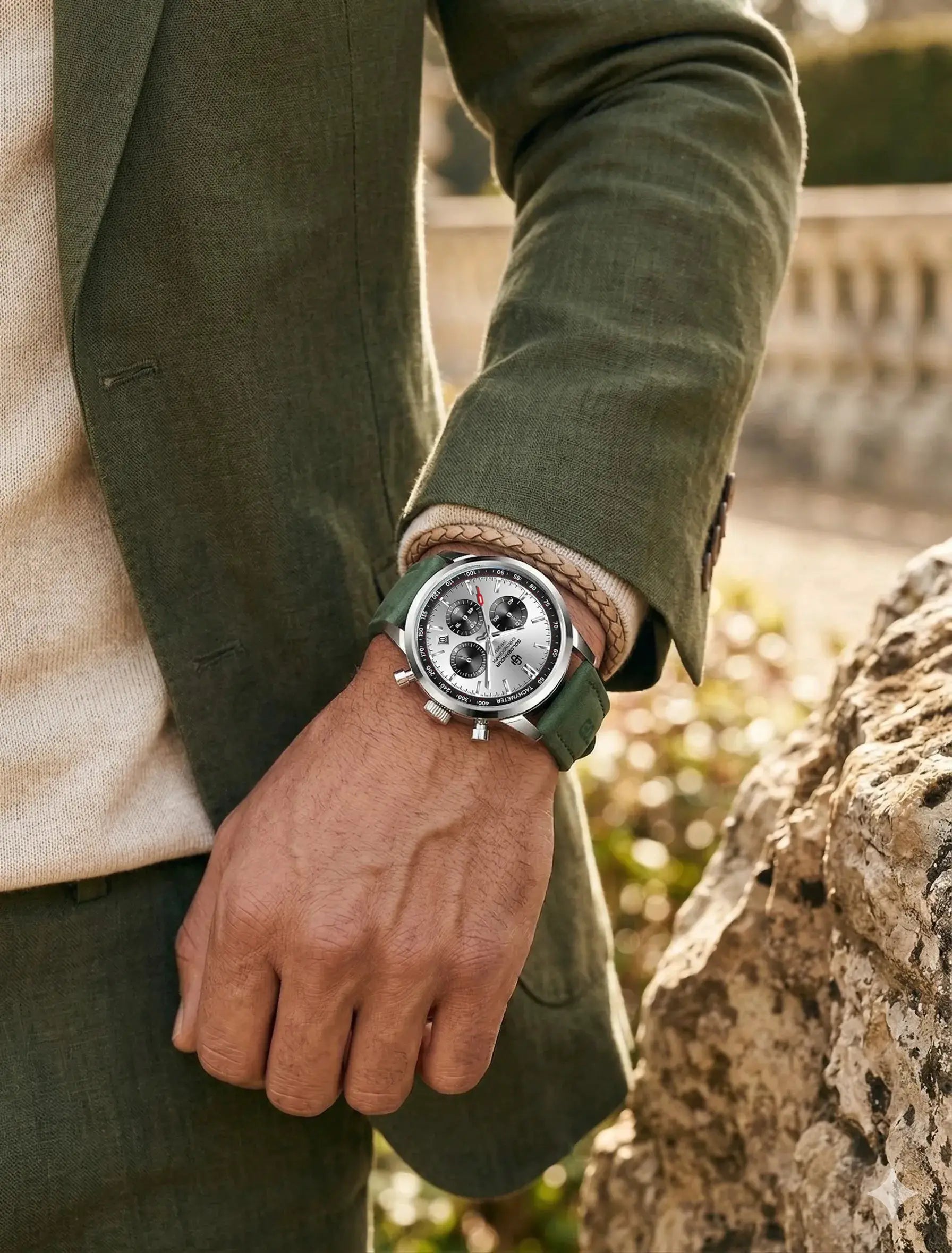 Men's green leather-strap chronograph watch with silver dial and multiple subdials
