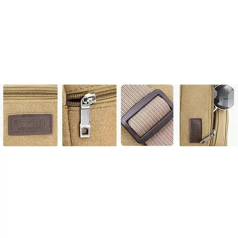 Canvas waist bag for outdoor sports in beige; high-capacity, with metal zipper, adjustable strap, and buckle.