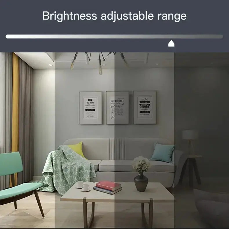 WiFi smart downlight in a neutral modern living room with brightness range overlay