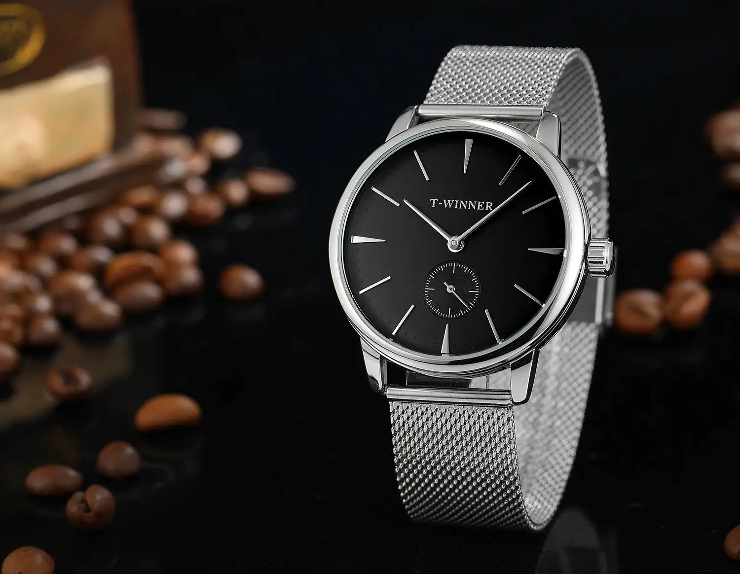 T-WINNER men's mesh-strap wristwatch with black dial and stainless steel case