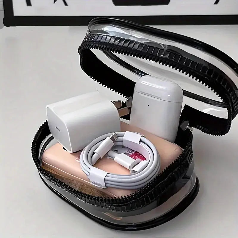 Simples Market portable mini clear zipper storage bag with keychain loop, holds earphones and chargers