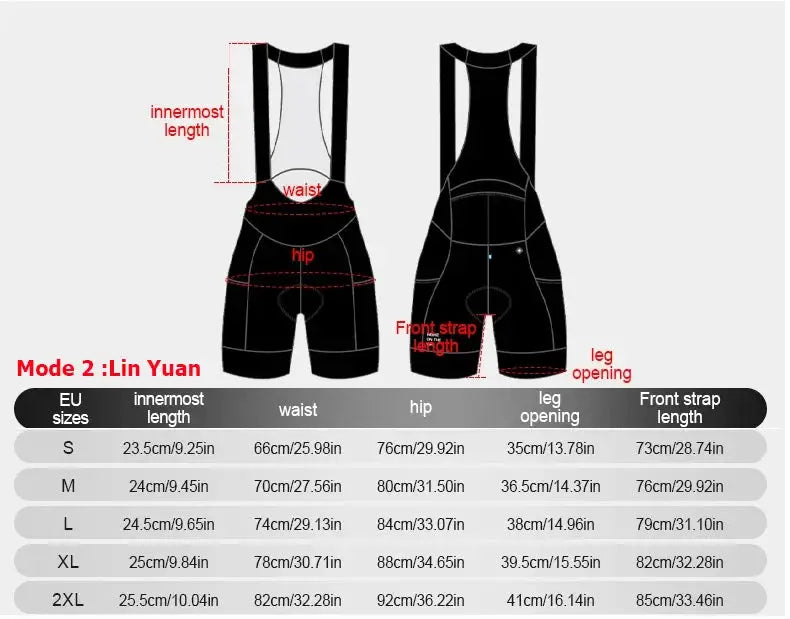 INBIKE men's MTB cycling bib shorts in black by Simples Market with a size chart diagram