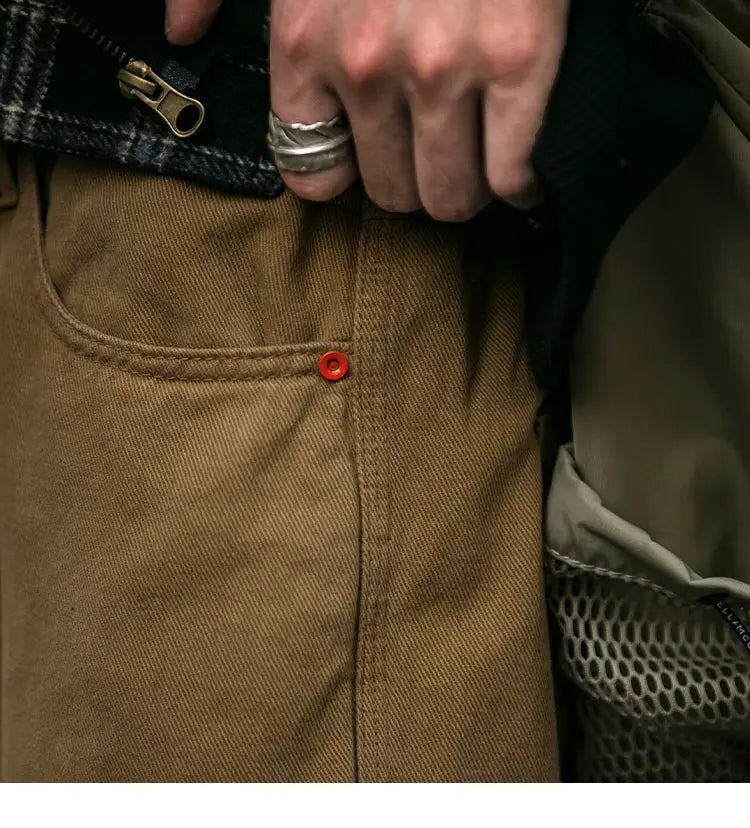 Khaki cargo pants for men, straight-leg streetwear with red pocket rivet detail