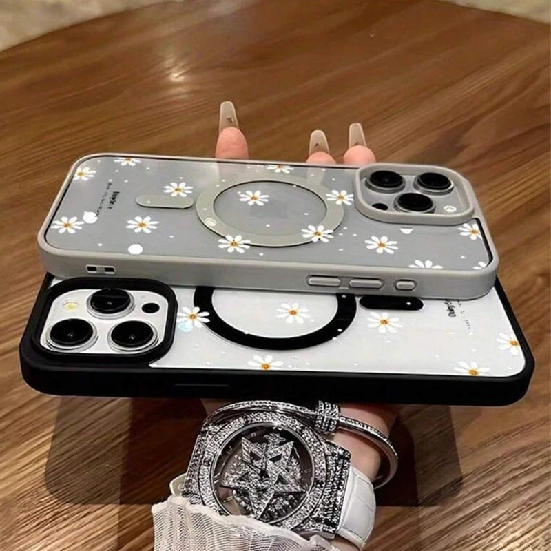 iPhone cases by Simples Market with daisy pattern and magnetic ring, white and gray; two cases shown