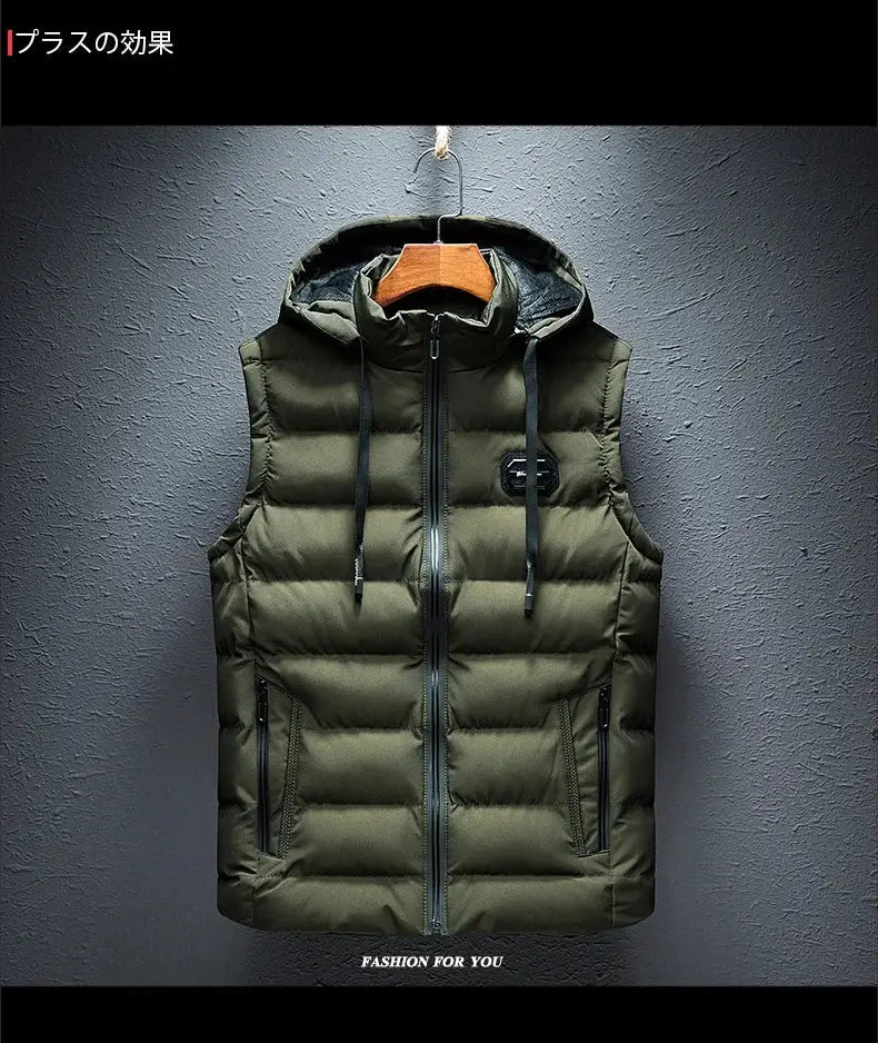 Simples Market olive green hooded men's sleeveless puffer vest with front zipper and zip pockets