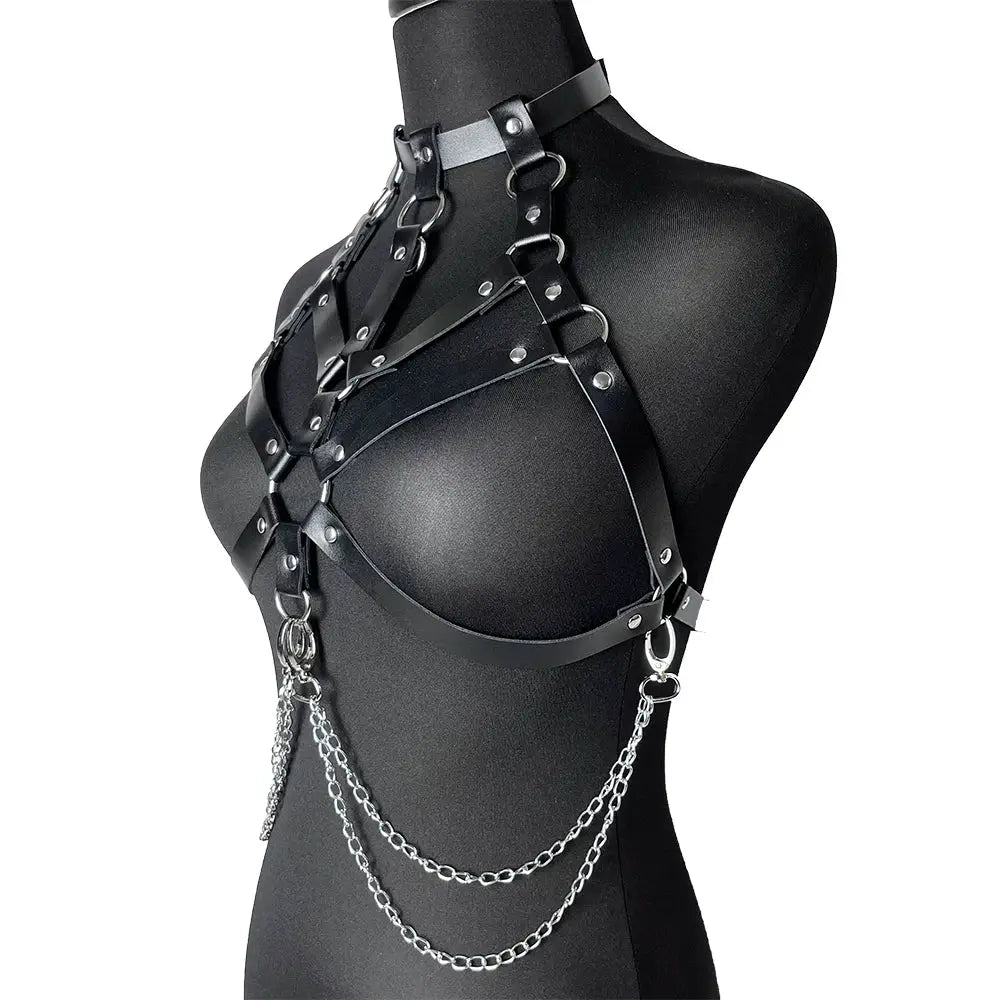 VelvetKink Chest Harness Synthetic Leather Lingerie Bodysuit With Suspender Garter Belt For Mature Fetish Play