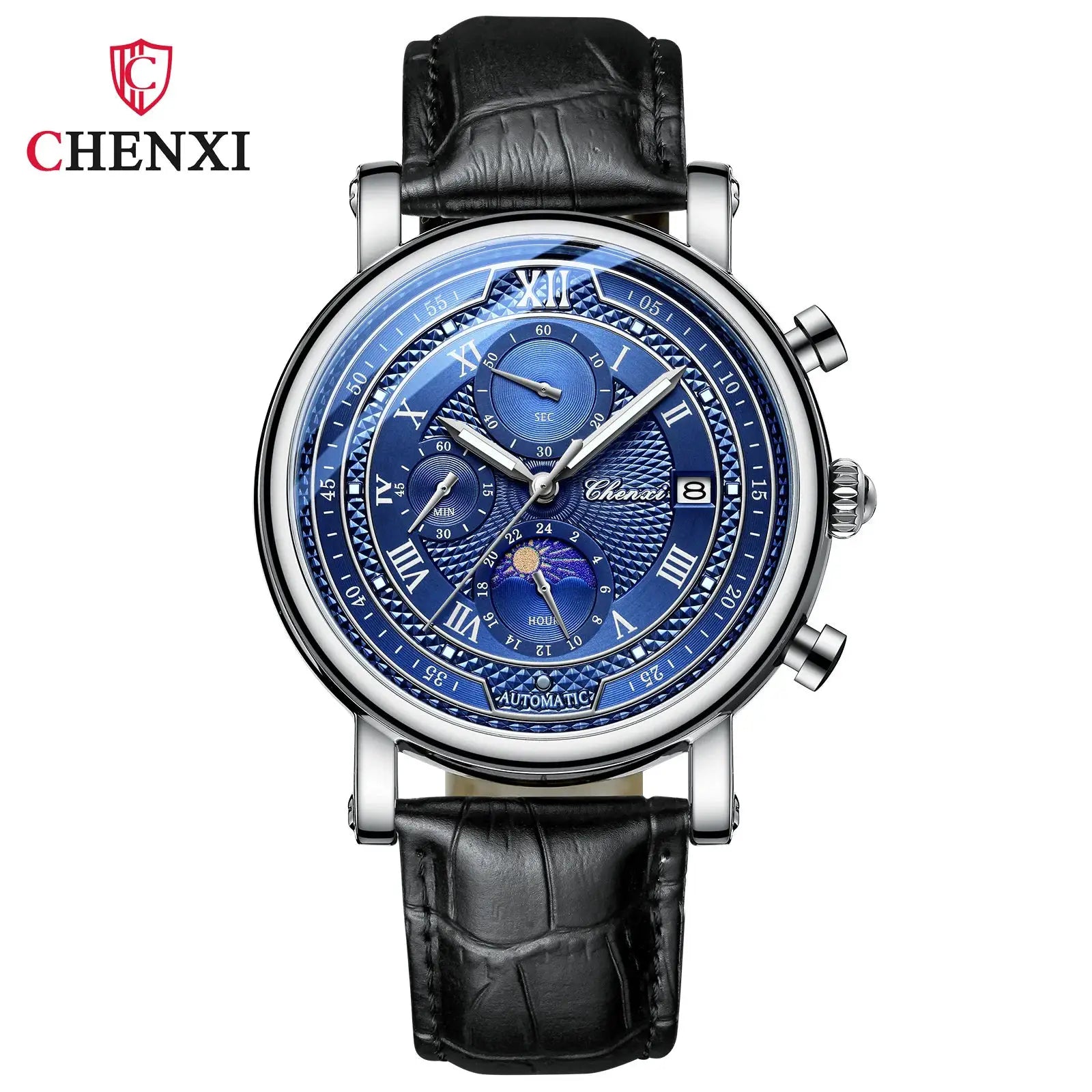 Chenxi 976 leather chronograph watch with blue dial, moon phase, date, steel case, black leather strap