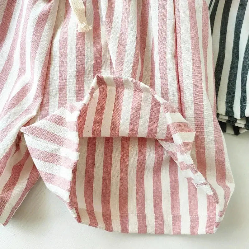 Spring Summer Kids Linen Cotton Striped Loose Pants Lace Up Vintage Casual Clothing For Boys And Girls