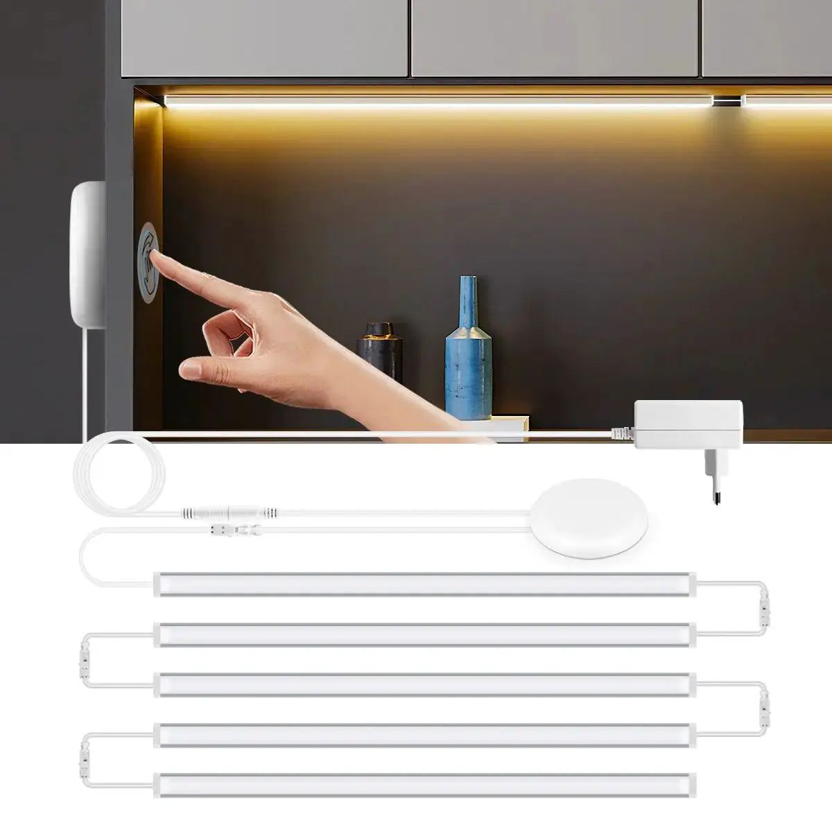 Simples Market under-cabinet LED bar light kit; 5 white, linkable strips with touch sensor
