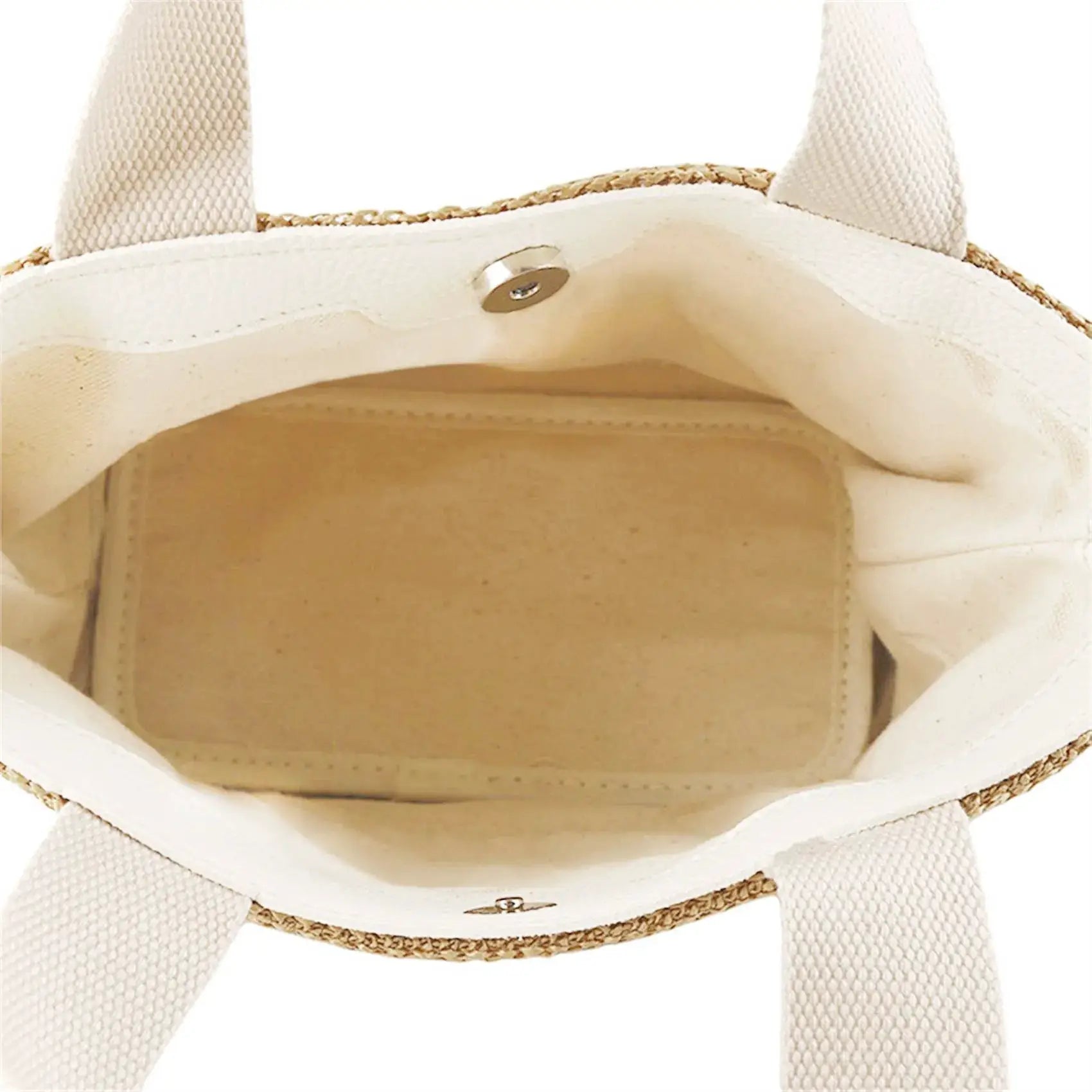 Elegant straw-woven handbag with cream fabric handles, beachy casual tote by Simples Market