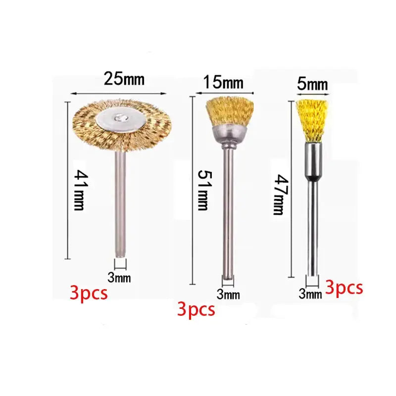 9 Piece Steel Wire And Brass Brush Rotary Tool Kit For Dremel Polishing Grinding And Cleaning