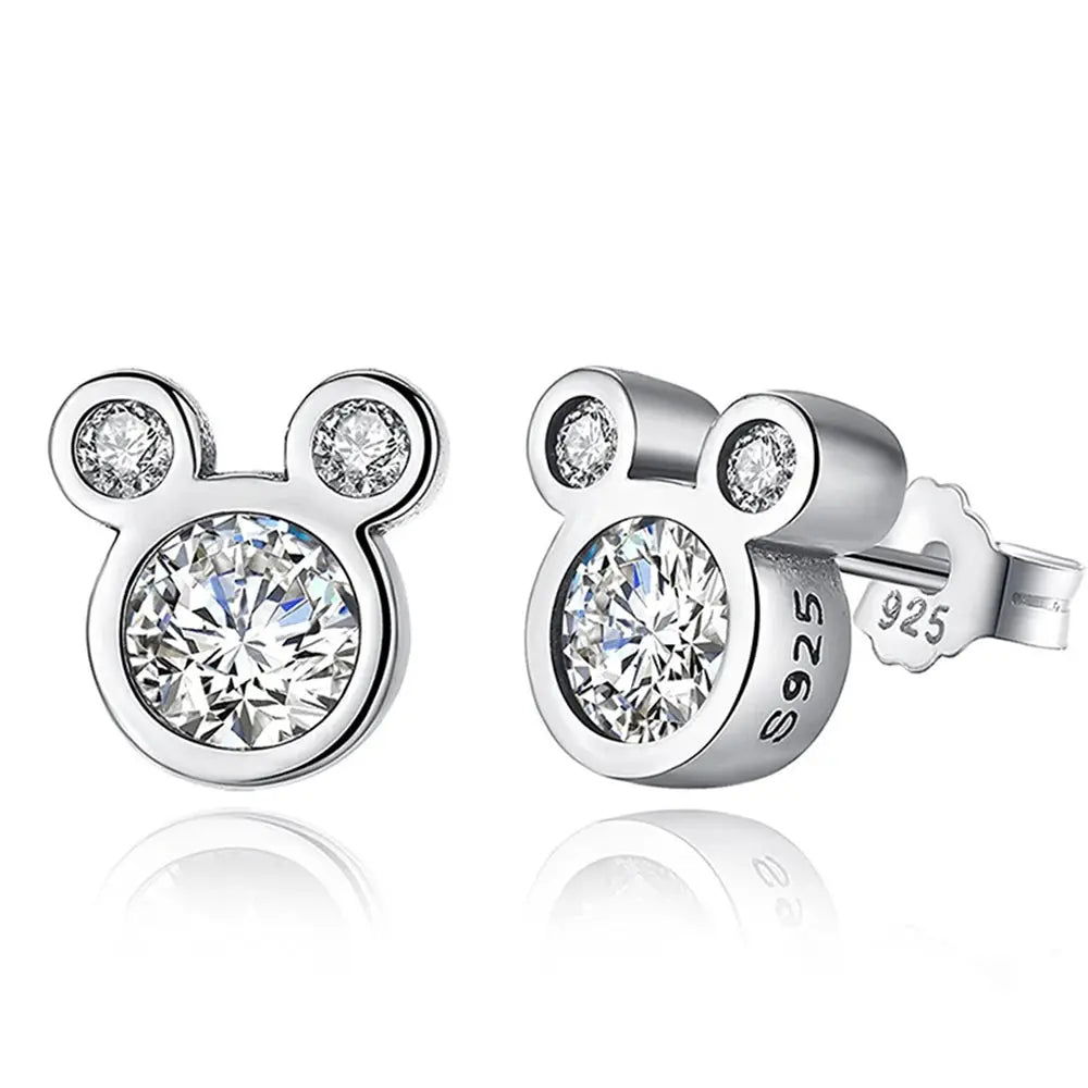 925 Sterling Silver Mouse Cartoon Stud Earrings for Women Girls Dazzling Zircon Gift Jewelry