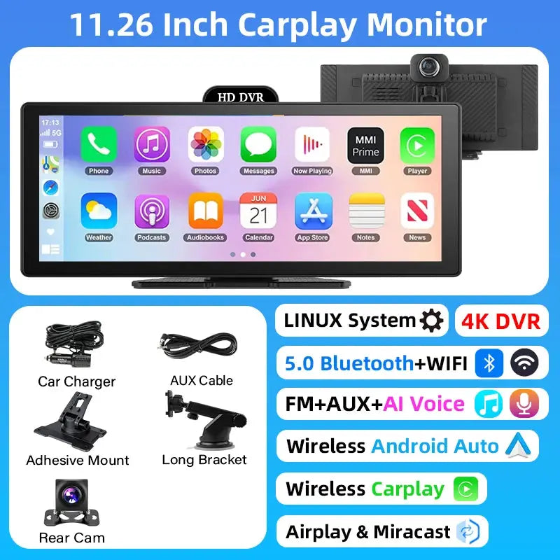 11.26 Inch 4K Dash Cam CarPlay Android Auto GPS Dual Lens Bluetooth