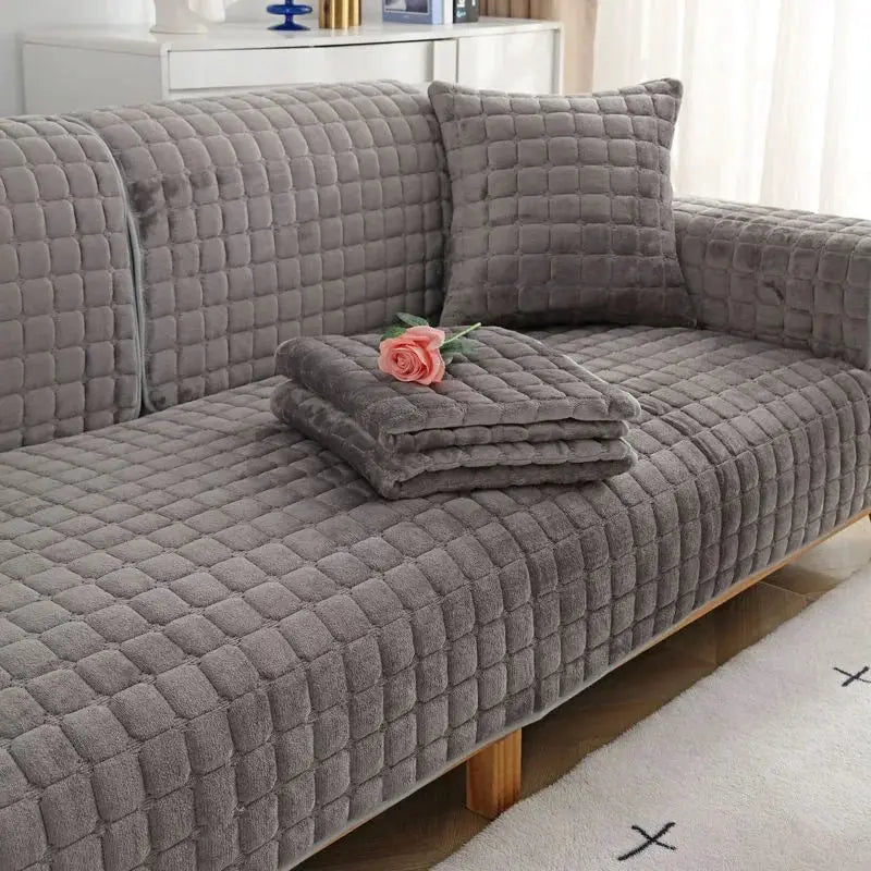 Velvet sofa cover gray plush plaid, non-slip thickened flannel by Simples Market for living room sofa
