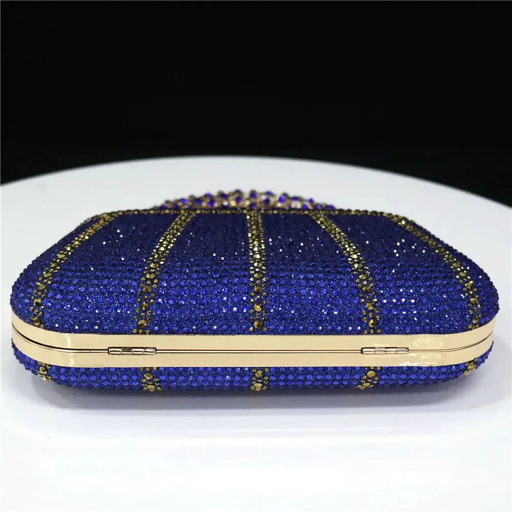 Evening clutch bag blue rhinestone with gold-tone frame and long chain strap by Simples Market