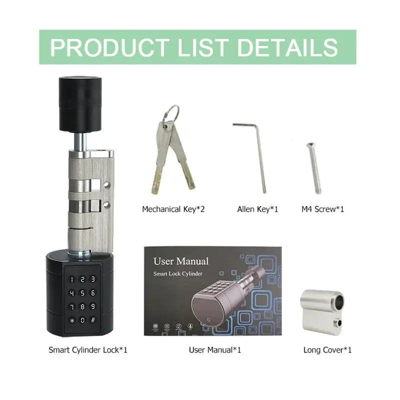 1 smart cylinder door lock with keypad in silver; includes 2 mechanical keys, Allen key, M4 screw, cover and user manual.