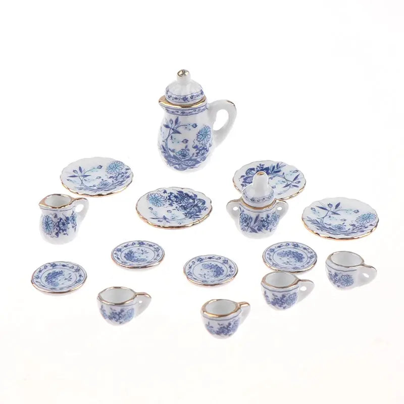Fifteen Piece Dollhouse Miniature Tableware Set Porcelain Ceramic Teapot Tea Cups Milk Bottle Sugar Bowl Plates