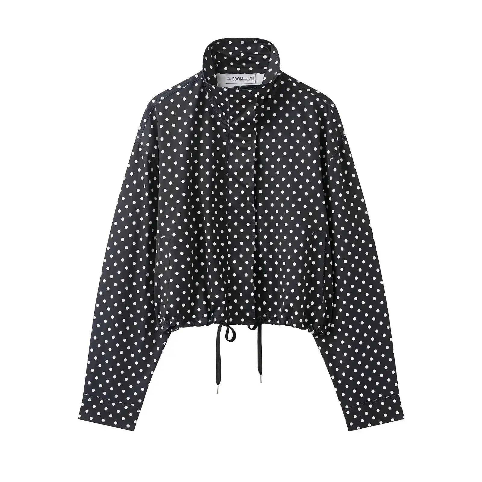Women's Polka Dot Print Short Coat With Zipper Front Turtleneck Pockets And Drawstring Waist