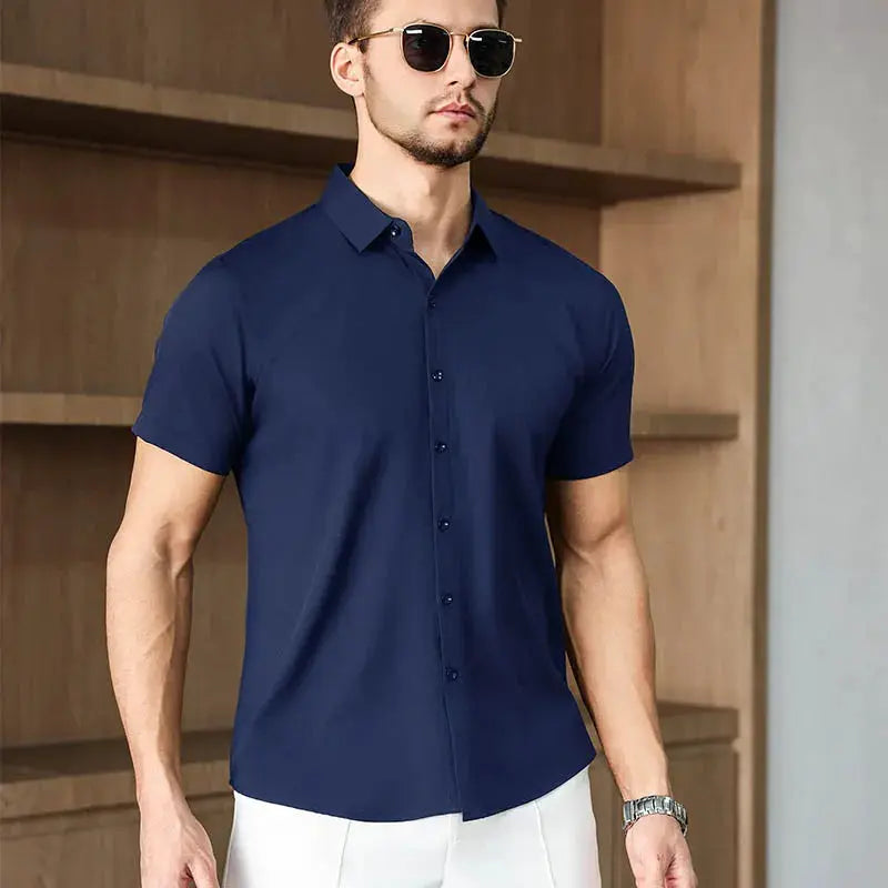 Men's navy short-sleeve business casual shirt, solid color; no-iron, versatile summer top