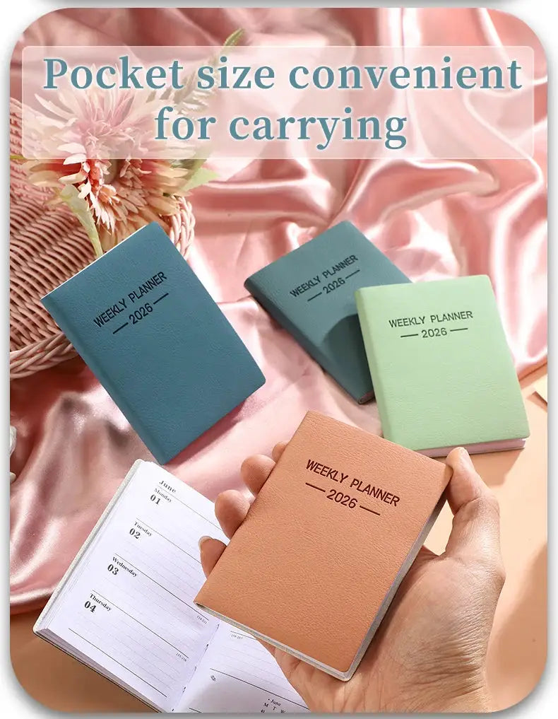 Four A7 2026 weekly planners with Morandi PU covers in blue, teal, mint, peach; pocket-size, 128 pages.