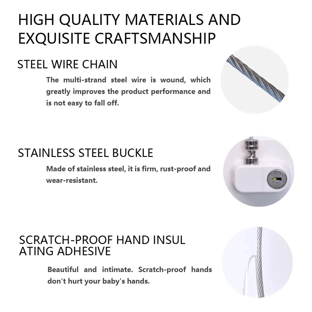 Baby safety lock by Simples Market with steel wire chain and stainless buckle for windows and refrigerators.