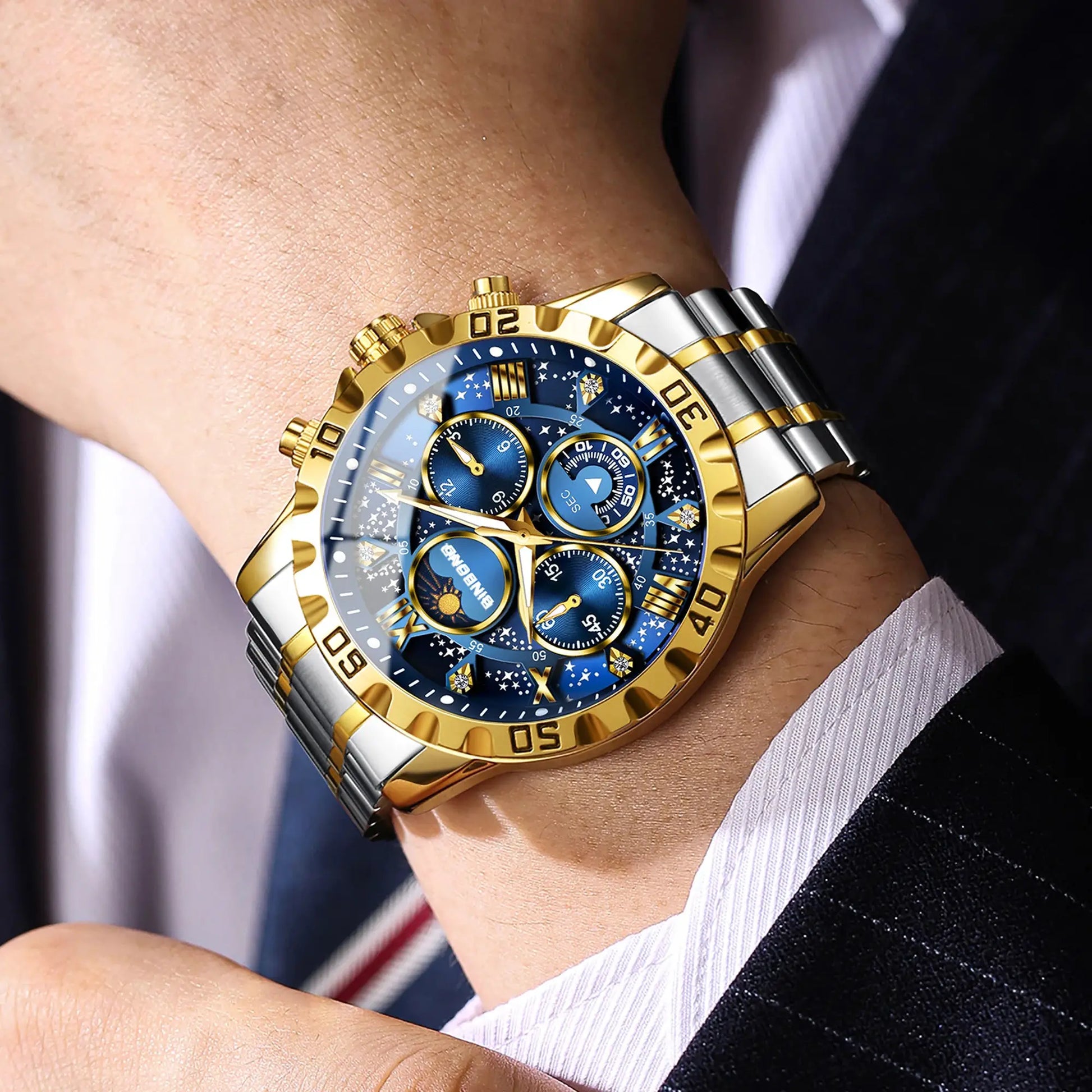 BINBOND original brand quartz men's luxury chronograph watch with luminous blue dial and two-tone stainless steel band