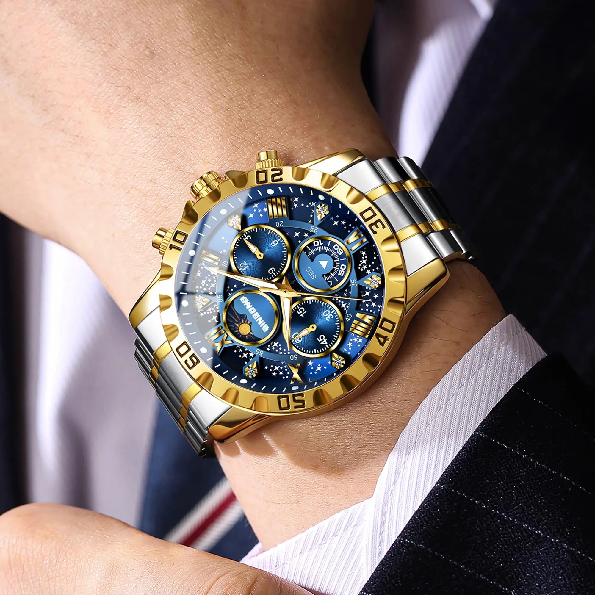 BINBOND original brand quartz men's luxury chronograph watch with luminous blue dial and two-tone stainless steel band