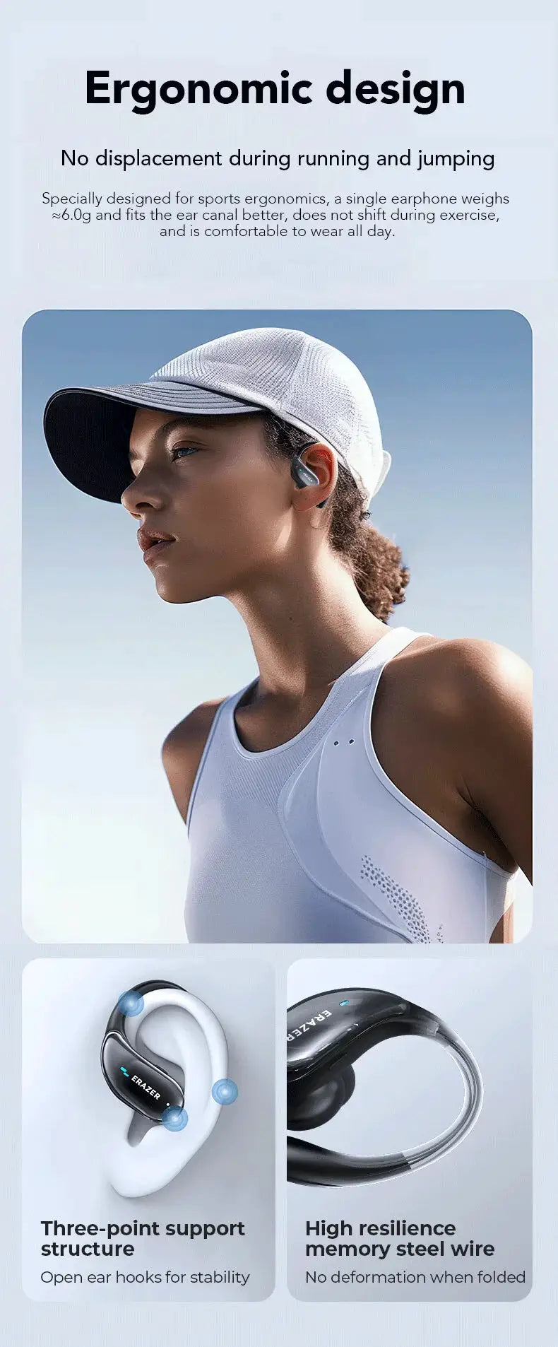 ERAZER XT80pro TWS AI Bluetooth sport earphones with earhooks, white and black models, Simples Market