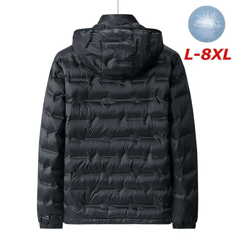 Men's black hooded down jacket by Simples Market, quilted puffer coat.