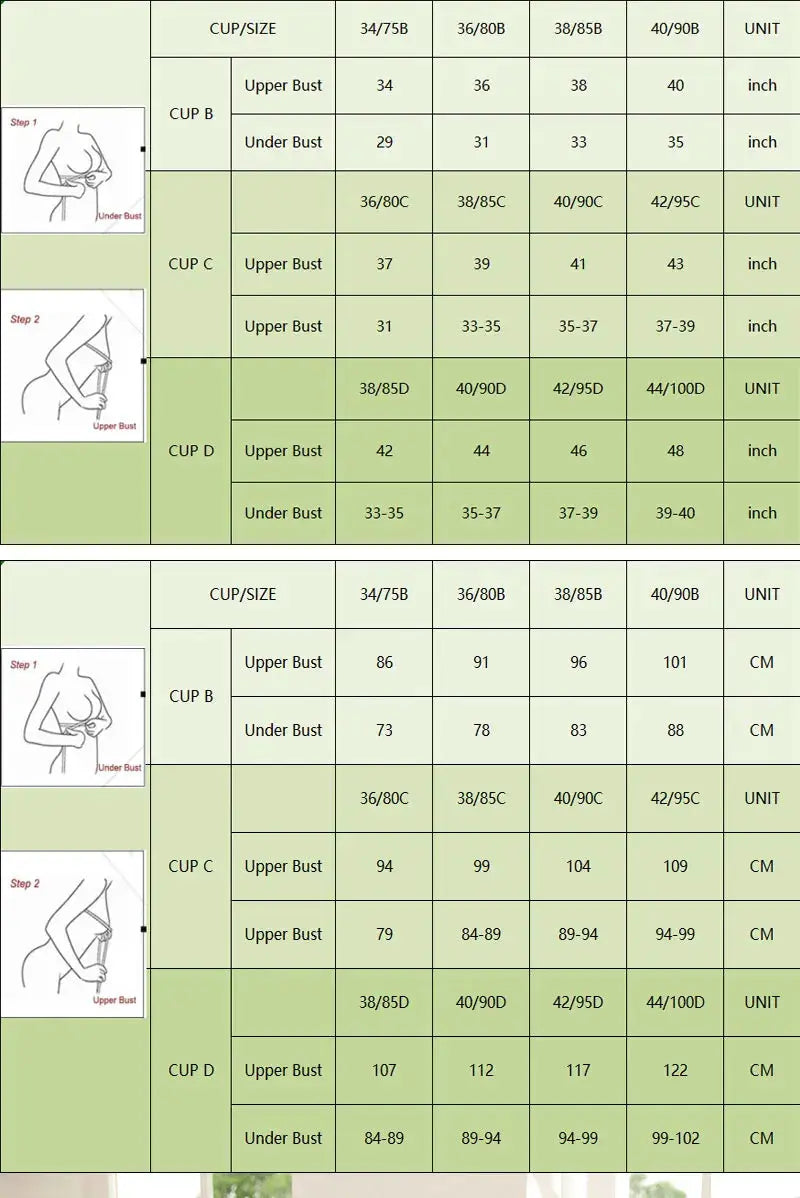 Simples Market 2Pcs wireless push-up bras size chart with cup B–D and under/upper bust measurements