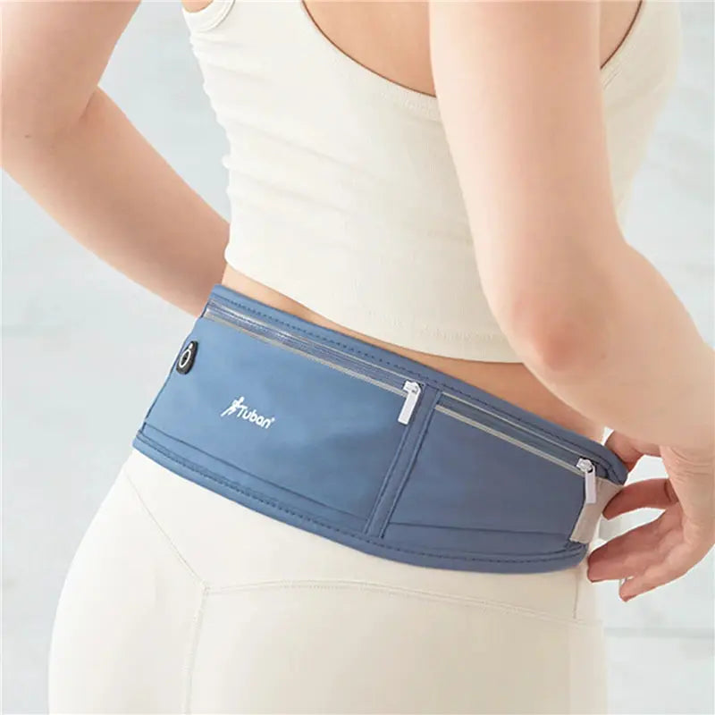 Waist pack with Huban logo, blue outdoor waterproof running belt with two zip pockets for men and women