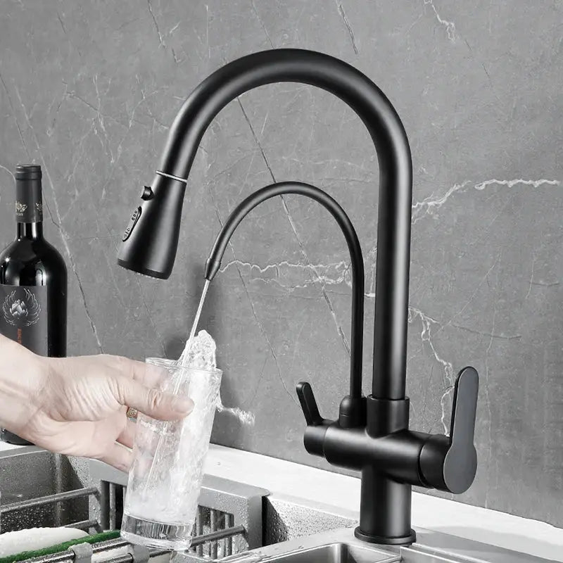 Onyzpily matte black pull-out kitchen faucet by Simples Market, deck-mounted with dual levers.