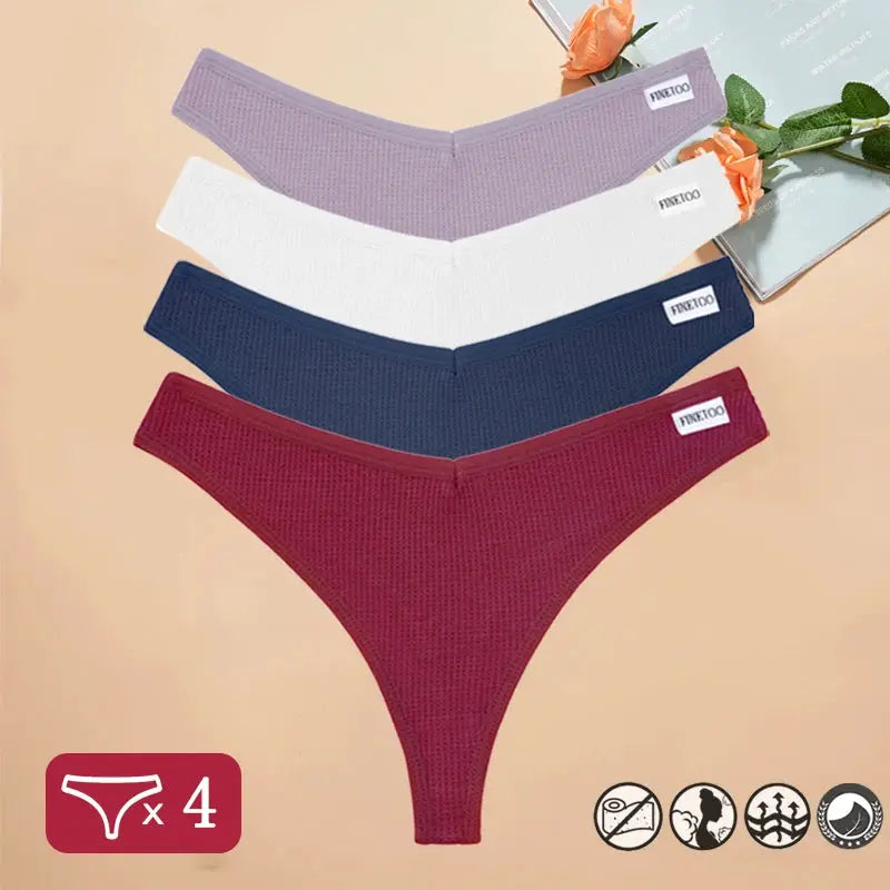 4-pack women's waffle cotton thong underwear in lilac, white, navy and burgundy with Finetoo tags