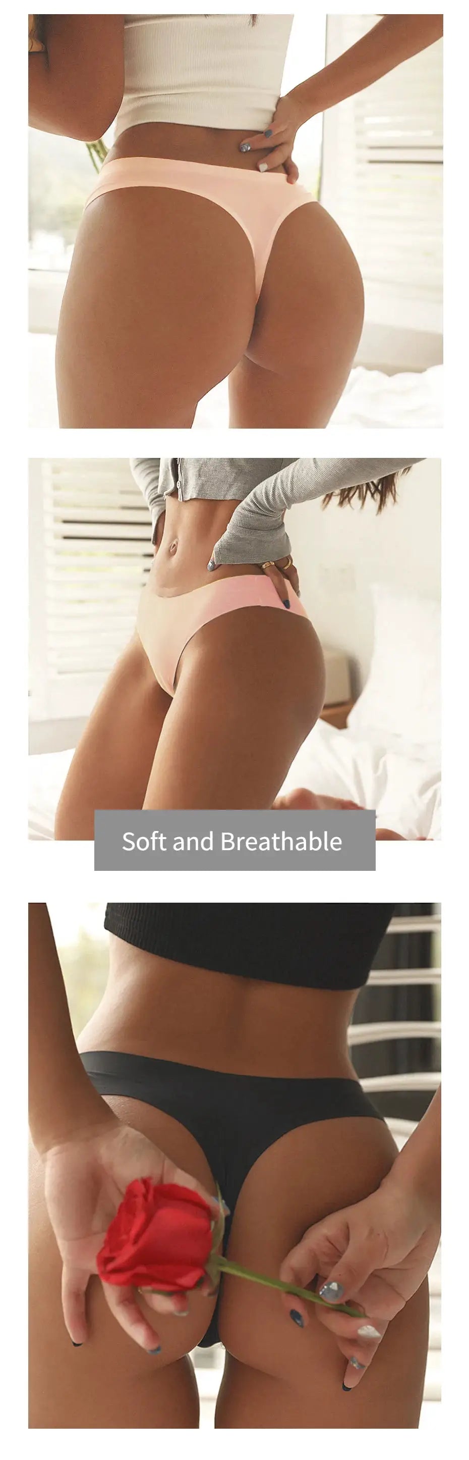 Women's seamless thong set, 3-pcs, low-rise in peach and black