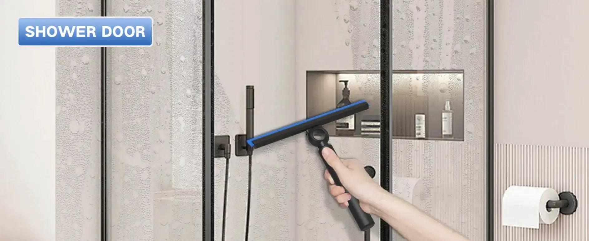 EHOMGUI shower squeegee with telescopic handle for glass doors; blue blade.