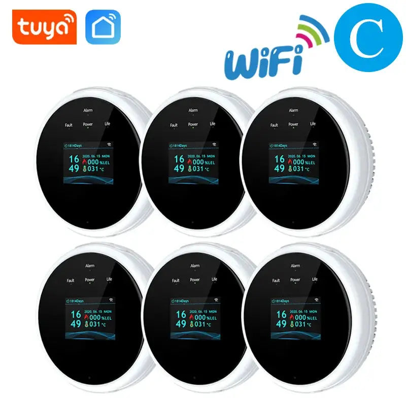 Tuya WiFi gas detectors set, 6 white round leak alarms with LED displays