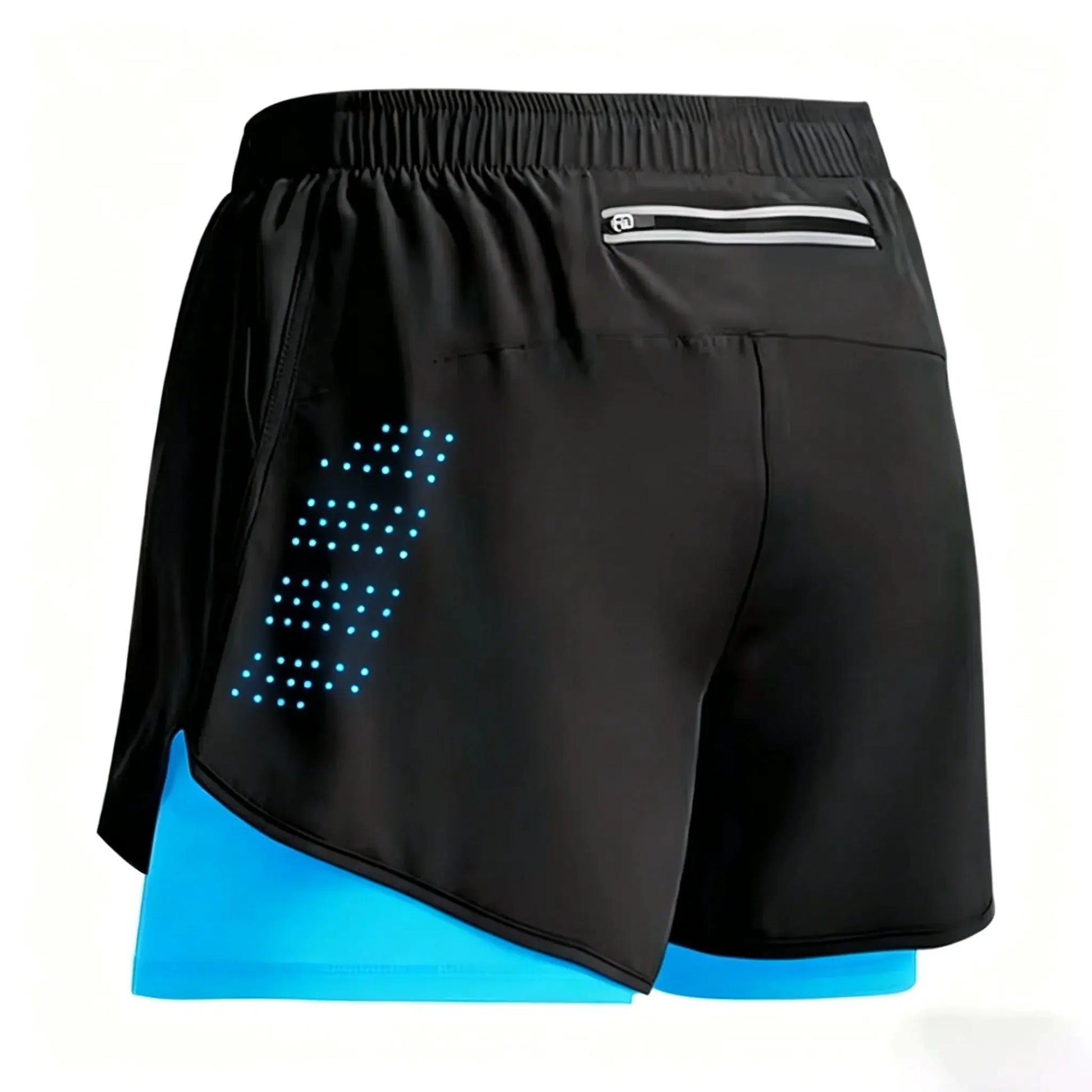 Men's black 2-in-1 quick-dry athletic shorts with elastic waistband and zip pocket