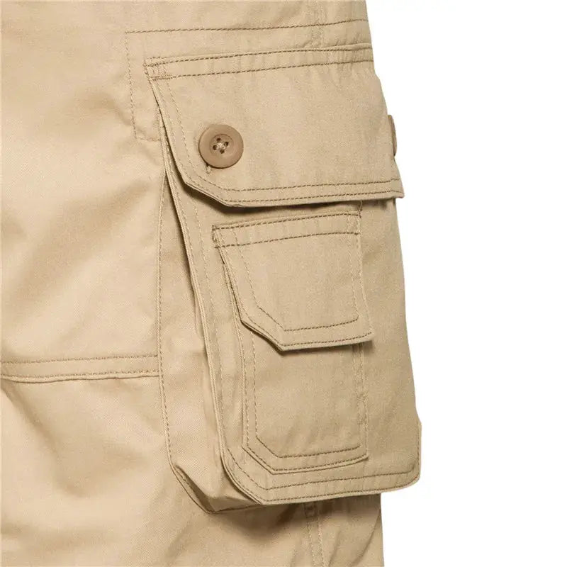 Men's beige cargo shorts with multiple pockets, cotton fabric for outdoor casual wear