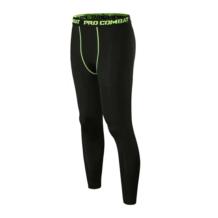Men's compression pants, black with neon green piping and Pro Combat waistband; polyester