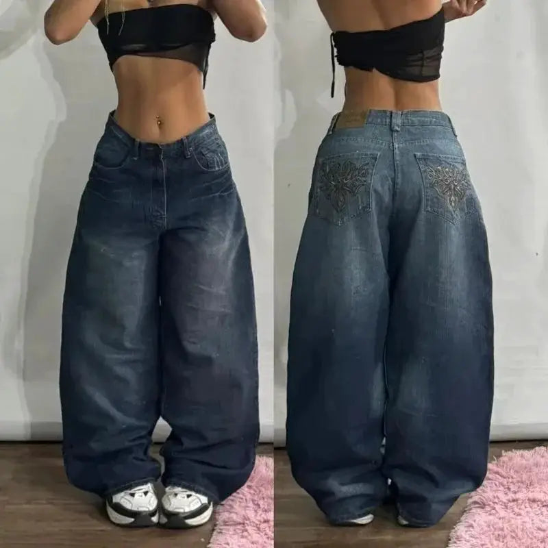 Men's oversized baggy denim jeans with embroidery on back pockets, indigo wide-leg style