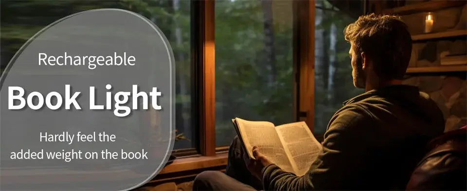 Simples Market LED clip-on book light; USB rechargeable, dimmable, adjustable for night reading.