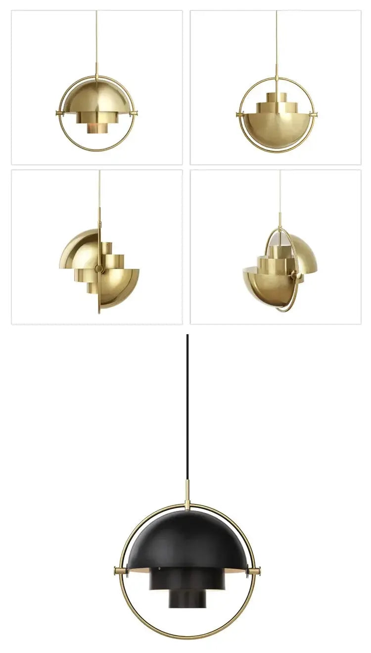Pendant light with gold brass rings and stacked discs for kitchen island lighting; black version shown.