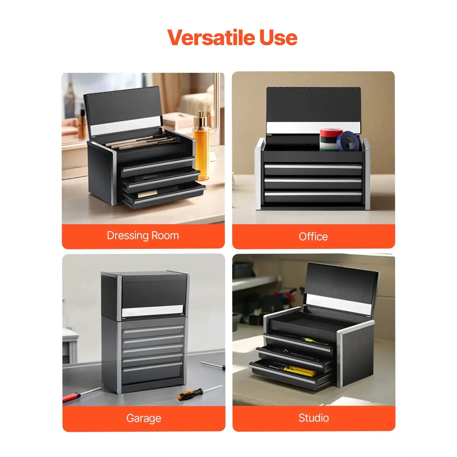 3-drawer metal tool box by Simples Market, 8.6in, black powder-coated with feet pads and ball-bearing rails