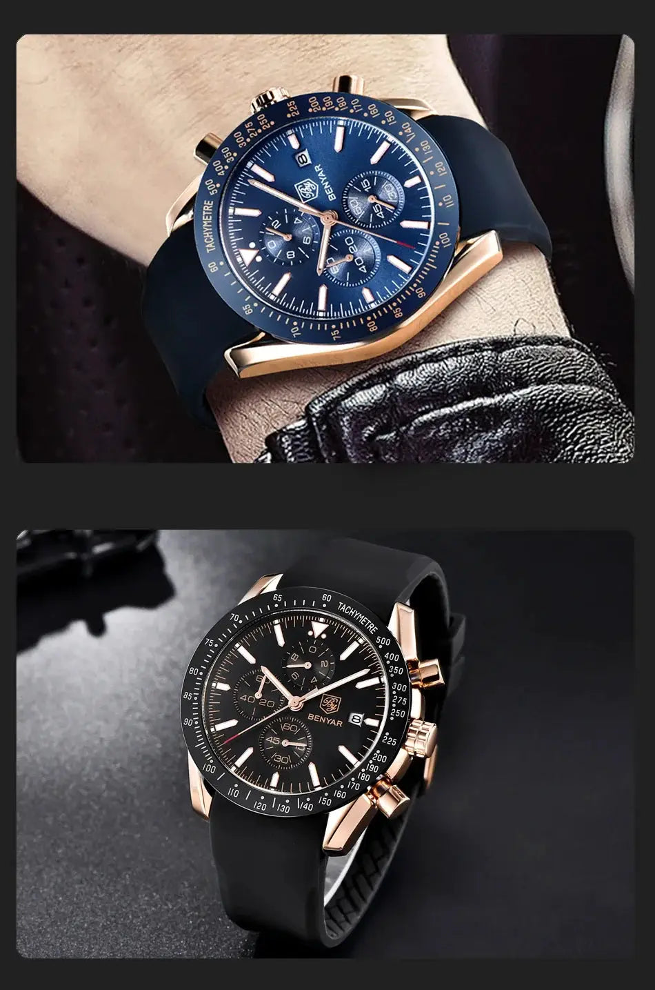 Two BENYAR men's watches with rose-gold cases, blue and black dials, and rubber straps.