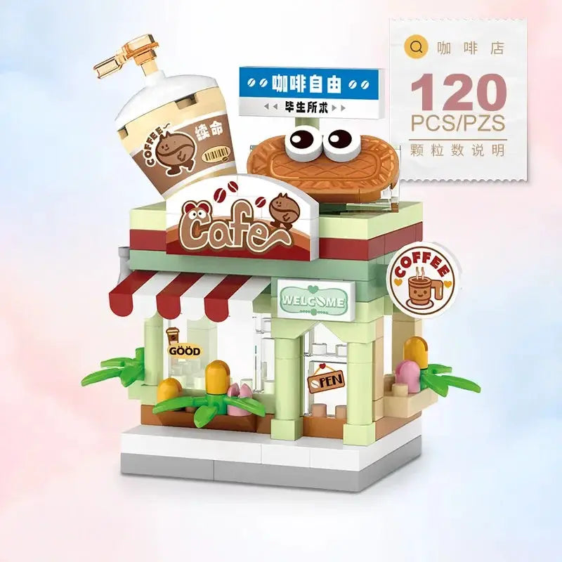 Restaurant Dessert Coffee Street View Building Blocks Kit With Pet And Fruit Store Model For Kids And Adults