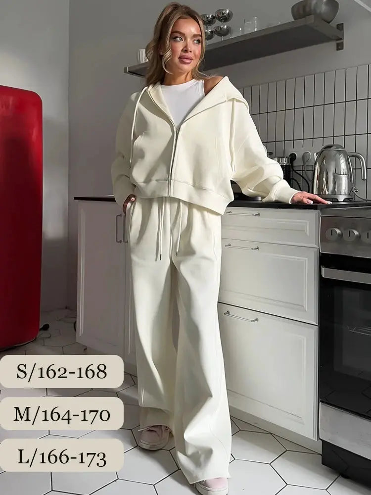 Autumn Women Tracksuit With Zipper Hooded Jacket And Wide Leg Trousers Two Piece Set Yellow Sportswear