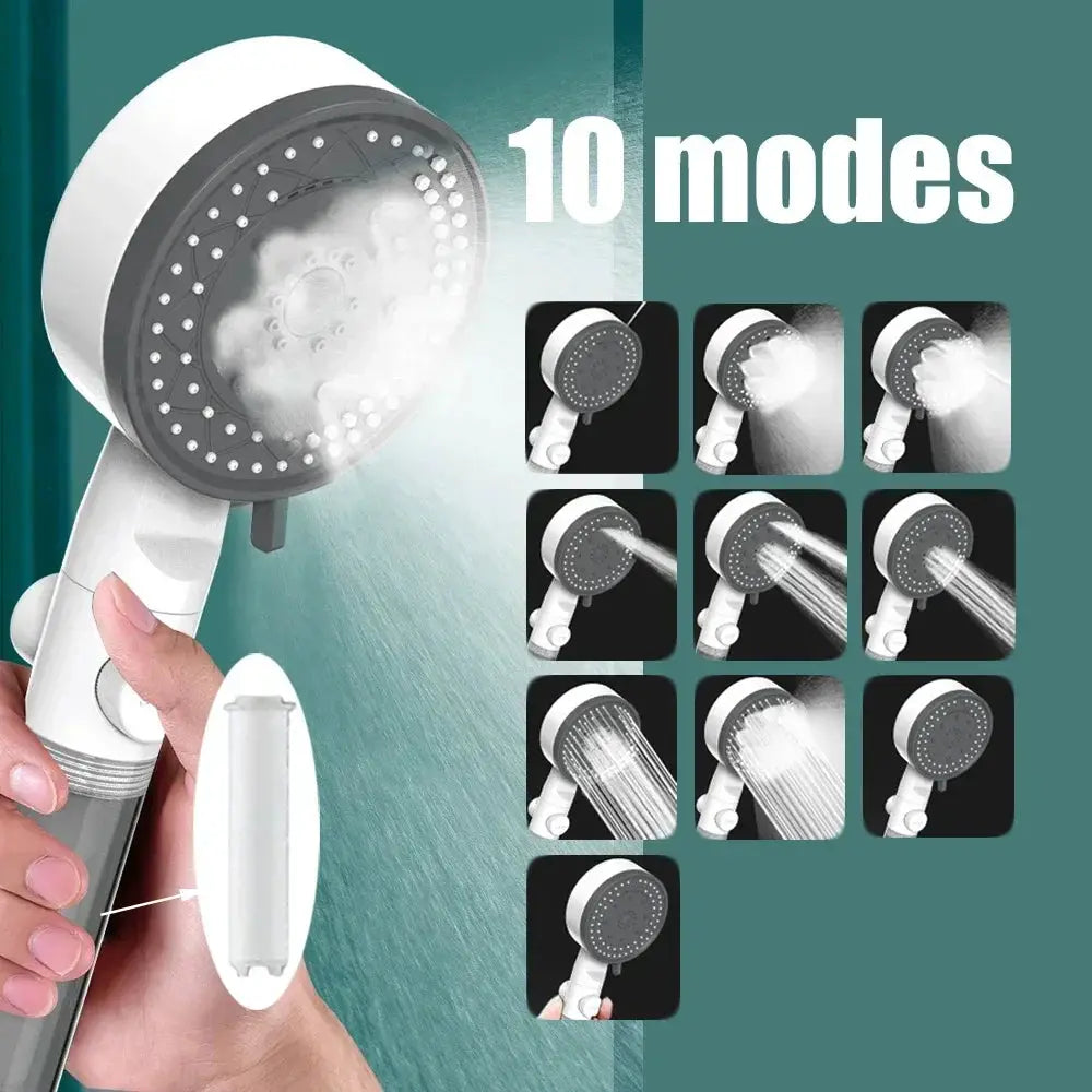 Simples Market white 10-mode handheld showerhead with high-pressure filter and one-touch stop