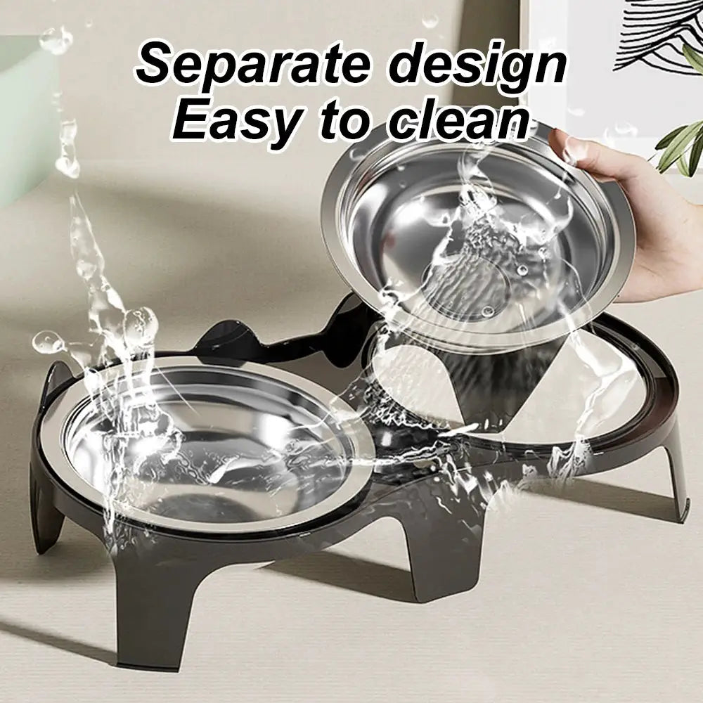 Stainless steel cat feeding bowls on an anti-tip black stand; large-capacity dual bowls for easy-eat feeding.